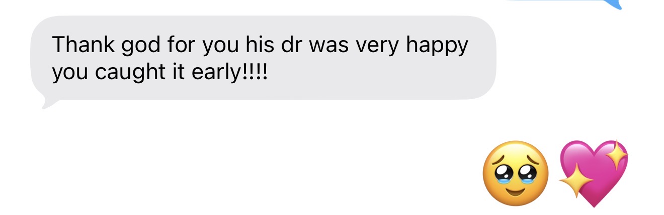 Patient feedback message expressing appreciation for early clinical recognition