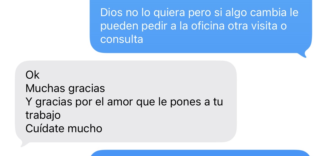 Spanish-language patient feedback expressing gratitude for compassionate care