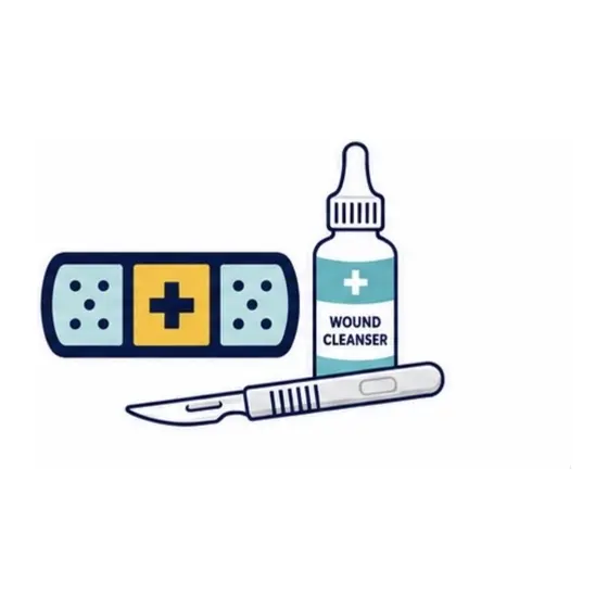 Wound care dressing, cleanser, and clinical instrument